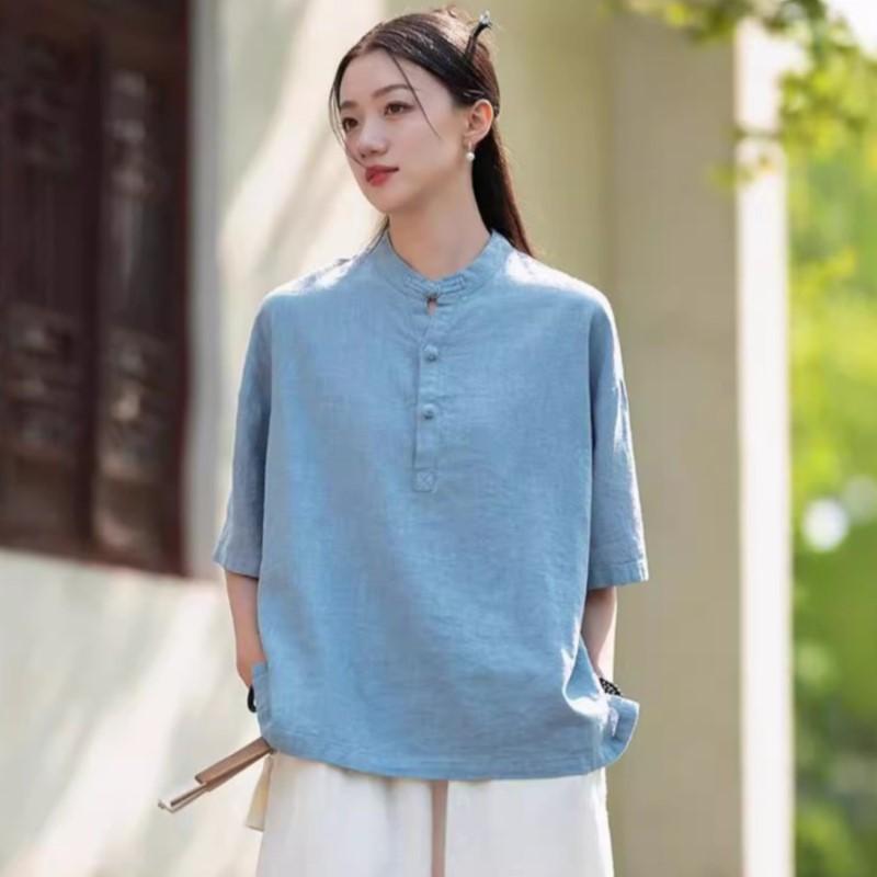 

Johnature Женские винтажные рубашки из хлопка с воротником-стойкой из рами на пуговицах в китайском стиле, летние новые однотонные блузки с коротким рукавом 2024 года One Size синий