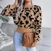 Women Autumn Winter Leopard Print Knitted Crop Sweater Long Sleeve O Neck Nipped Tops Sizes S To L