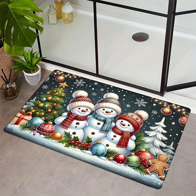 Winter Christmas Snowman Pattern Rug Bedroom Hallway Entrance Door Mat Non-Slip Stain-Resistant Rug Home Decor