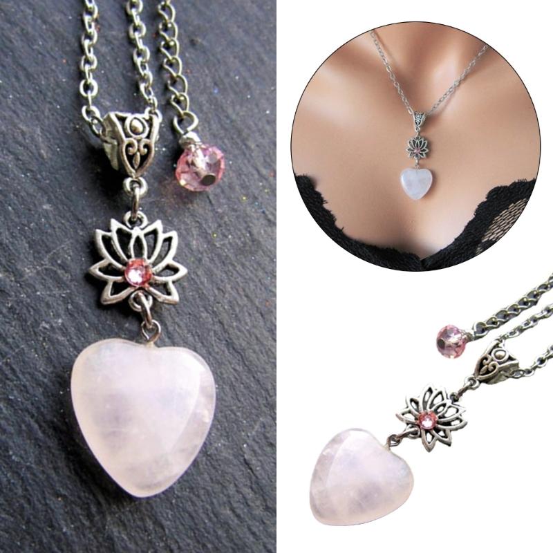 Quartz Necklace Natural Stone-Heart Charm Clavicle Chain for Women Lotus Flower Pendant Choker Party Valentines Day Gift