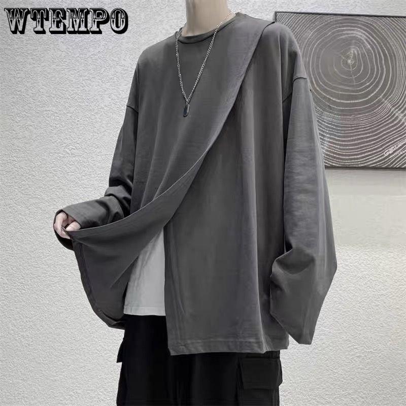 

Мужская однотонная футболка с длинными рукавами и разрезом, корейский свободный универсальный топ с круглым вырезом и низом