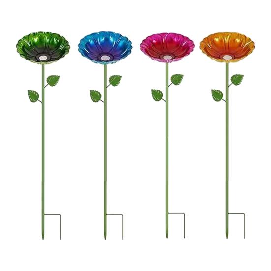 4Pcs Metal Flower Bird Baths, Garden Stake Bee Water Feeder, Outdoor Pollinators Cup, Bee Drinking Station Feeder Tray for Hummingbirds Butterflies