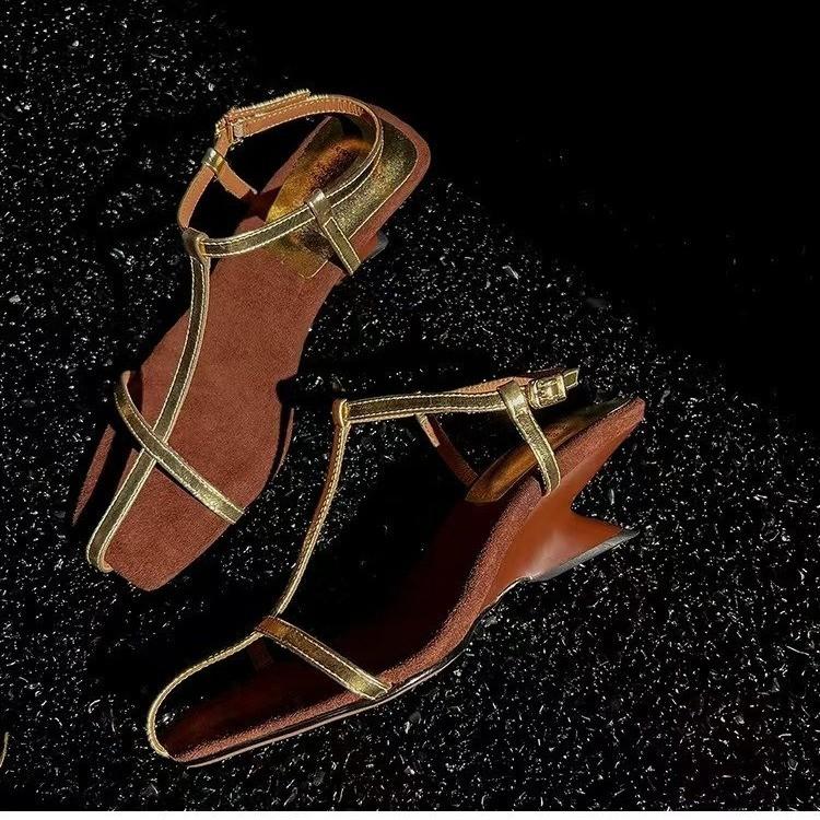 Fashion The  Summer New French Style Versatile Square-toed Cross-shaped Sandals with A Niche Wedge Heel and Golden High Heel for Women