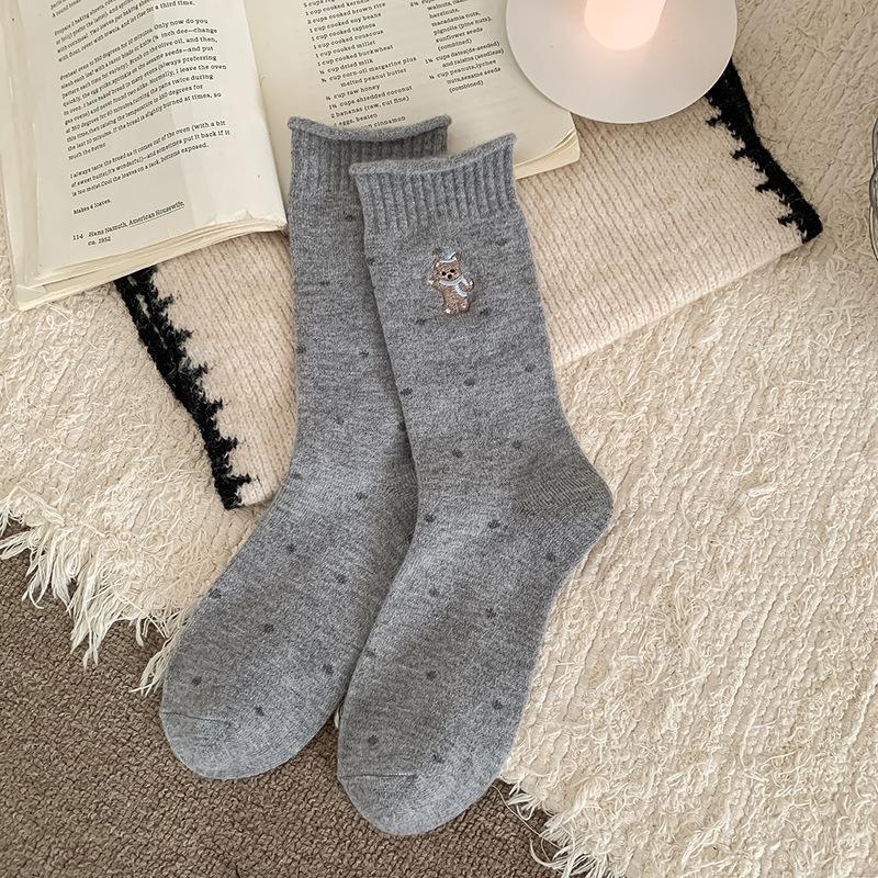 Socks Tide Cute Embroidered Bear Wool Warm Medium Tube Socks Stacking Socks
