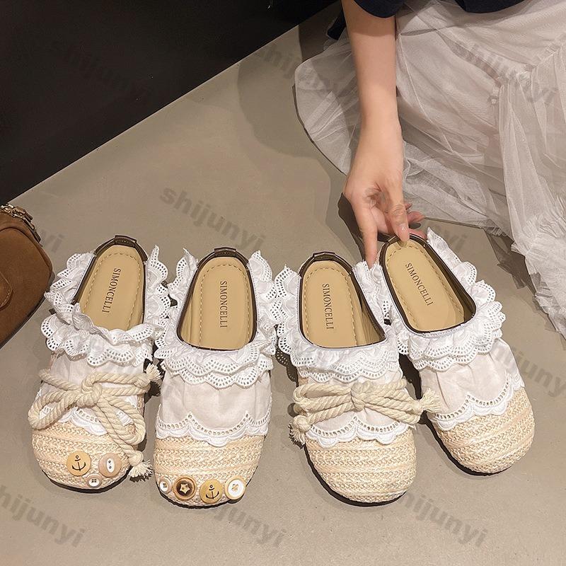 Fashion Women Casual Flats 2025 Summer New Lace Weave Breathable Straw Slippers Outdoor Fashion Bow-knot Comfortable Non Slip Half Drag