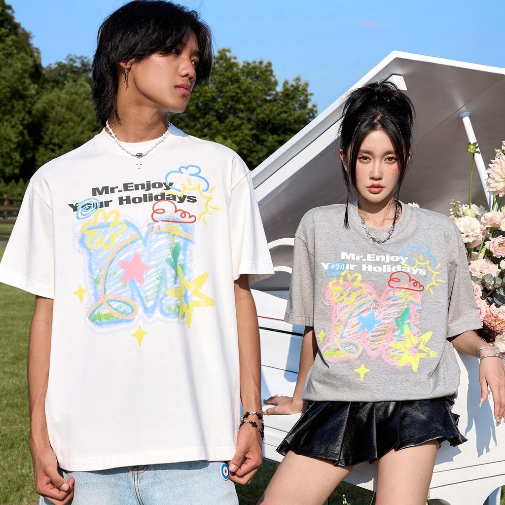 Sommer Reine Baumwolle Damen Lustiger Grafikdruck T-Shirt Harajuku O-Ausschnitt Übergroß Lässig Y2K Oberteile UNISEX T-Shirts Grau Weiß Streetwear