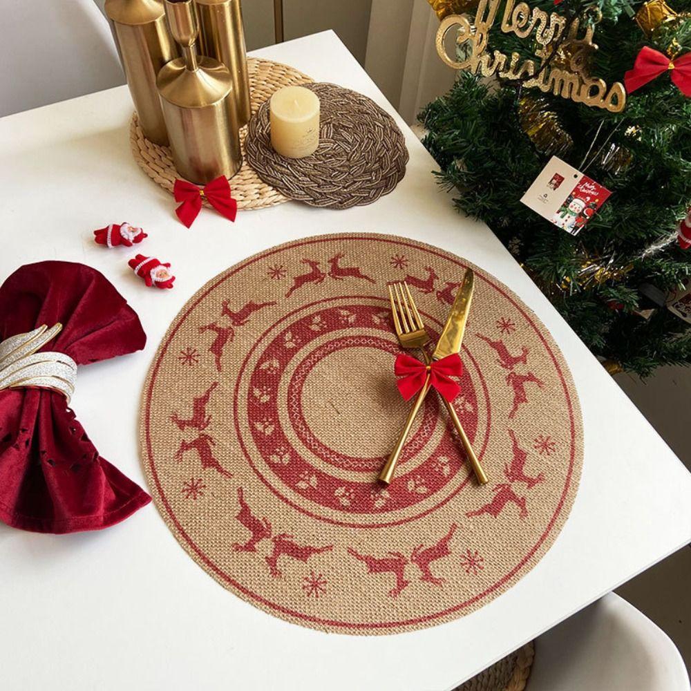 Round Tableware Mat Jute Coaster Santa Snowflakes Christmas Placemat  Cups