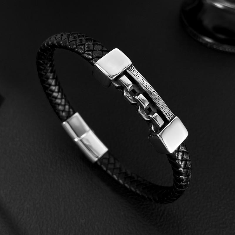 Hot Selling Leather Bracelet Men's Stainless Steel Personalized Fashion Versatile Retro Style Titanium Woven