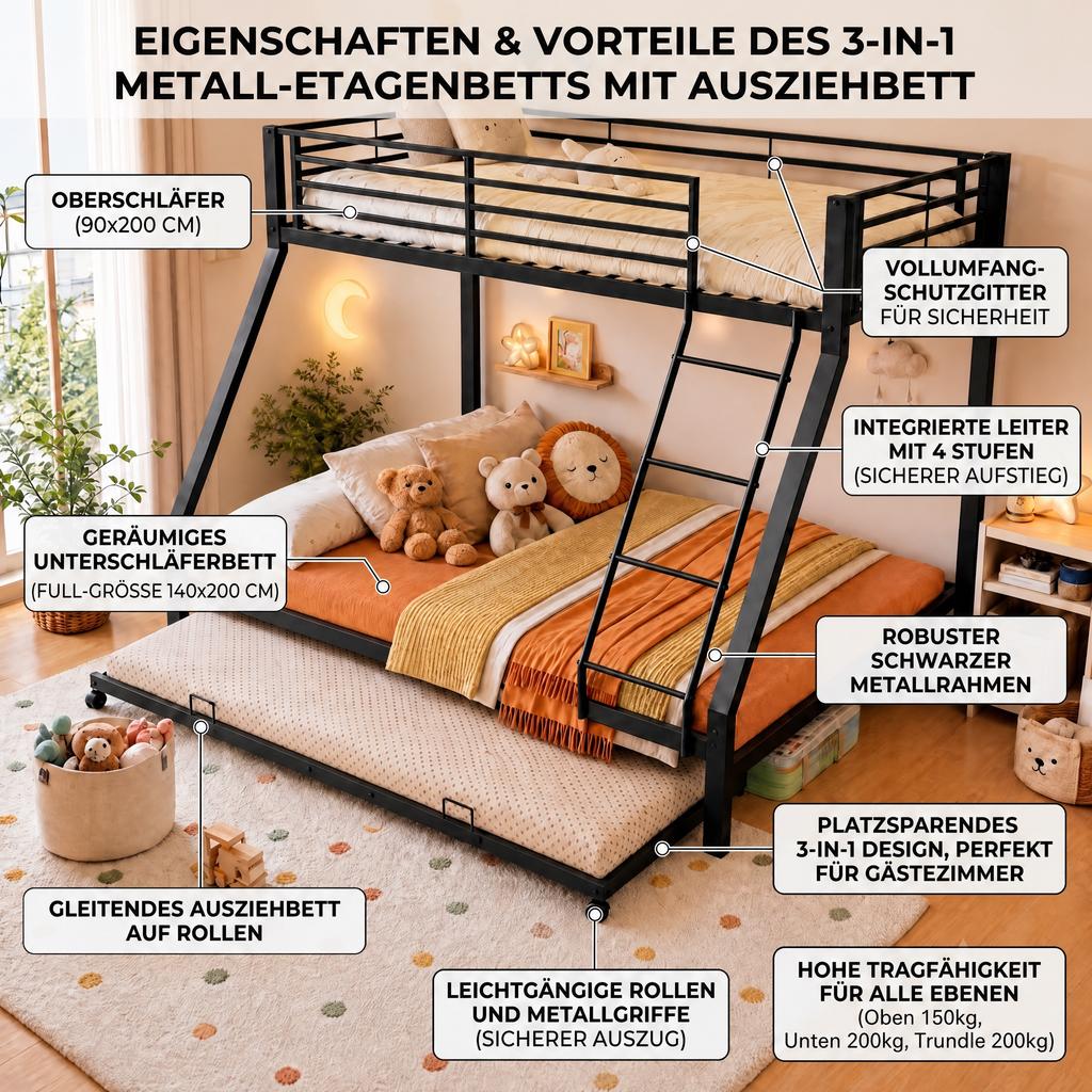 Metal Bunk Bed 90x200 & 140x200 Cm, Pull-Out Bed 90x190cm, Family Bed Capacity Up To 550kg, 3 Sleeping Places, Slanted Ladder & Fall Protection, Black