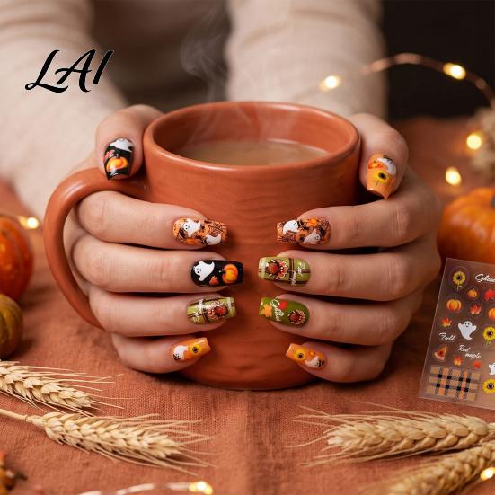 Fall Themed Nail Accessories Art Stickers for Halloween Thanksgiving Autumn Turkey Pumpkin Maple Wearable Manicure Leaf Sticker Embossed Waterproof