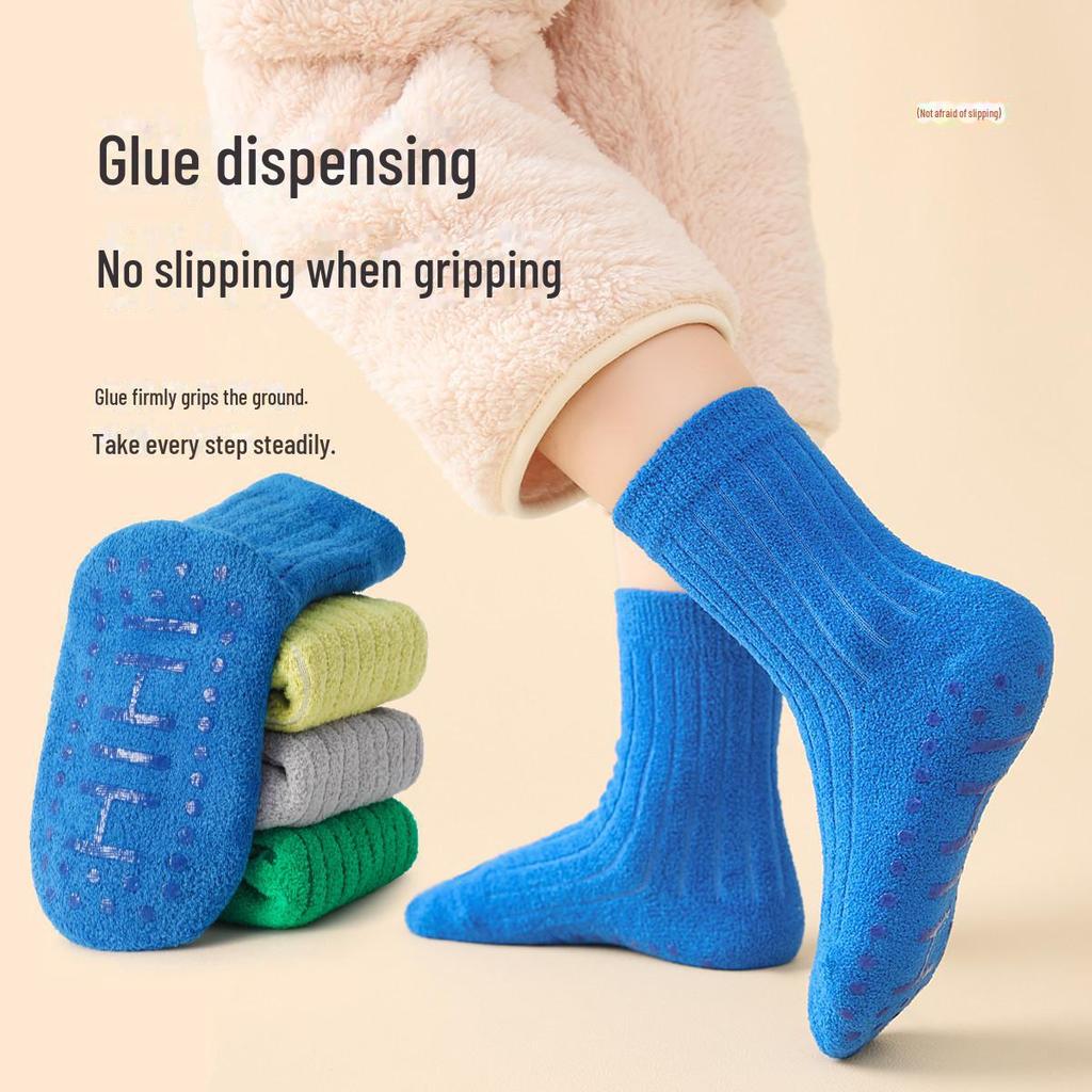 Dicke Korallenfleece-Anti-Rutsch-Indoor-Socken für Jungen, mittelhoch, warm für Herbst/Winter.