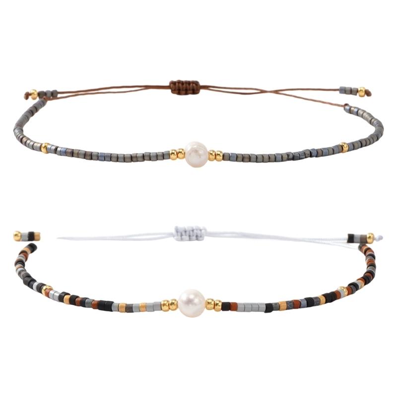 2 Piece Handcrafted Bohemian Pearls Bracelets Adjustable Cord Braided Design Beaded Bangle for Everyday Wear