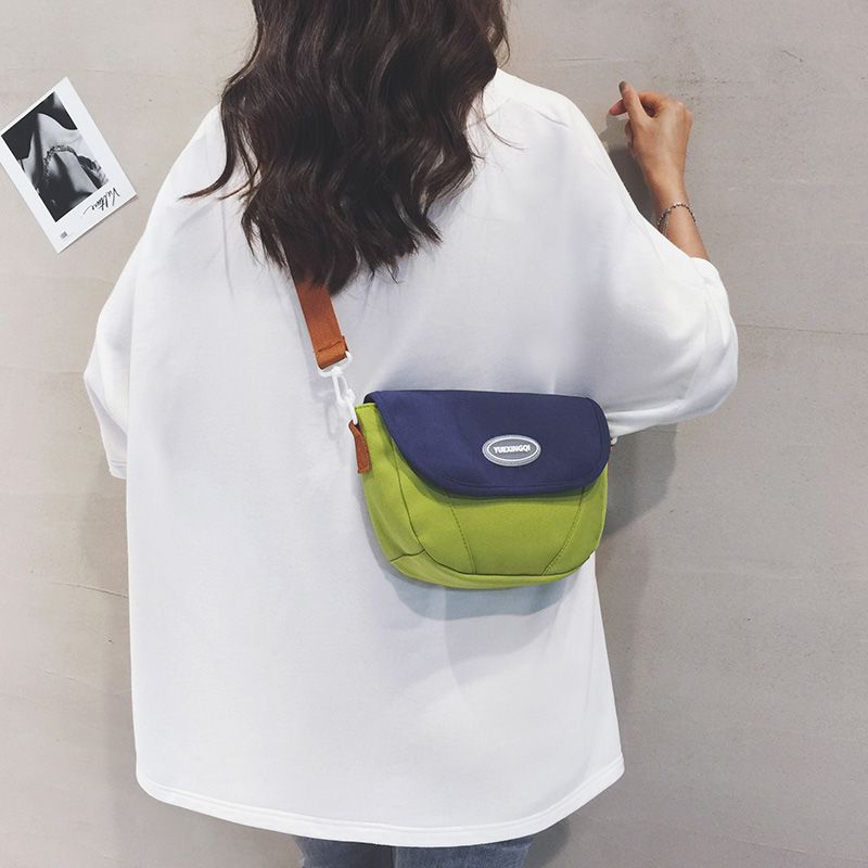 

Bag Female Ins Korean Style Contrast Color Shoulder Canvas Bag Green with blue