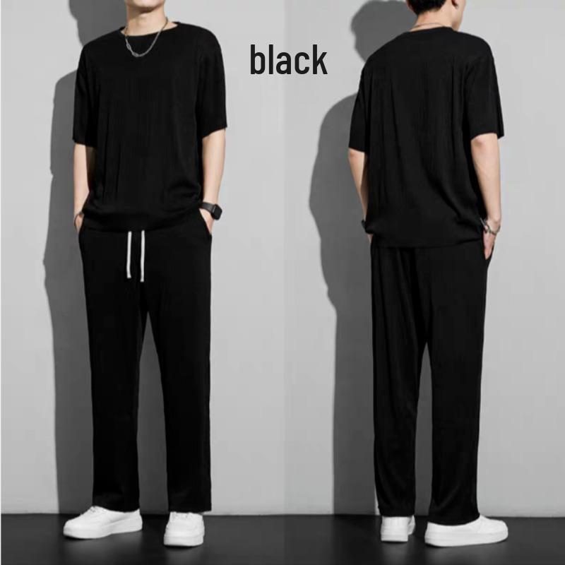 

Men s Summer Ice Silk Drape Set: Short Sleeve T-Shirt & Long Pants - Breathable Casual Sportswear XL чорний