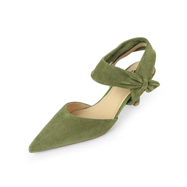 

Fashion Summer Women Sandals Pointed Toe Thin Heel Women Shoes 2025 Sheep Suede Leather Shoes for Women Cover Toe High Heels Party Shoes 40 зелёный