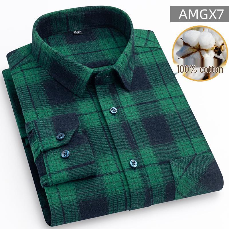 New Men's Plus Size Brushed Cotton Plaid Long Sleeve Shirt for Middle-Aged & Elderly with Straight Hem