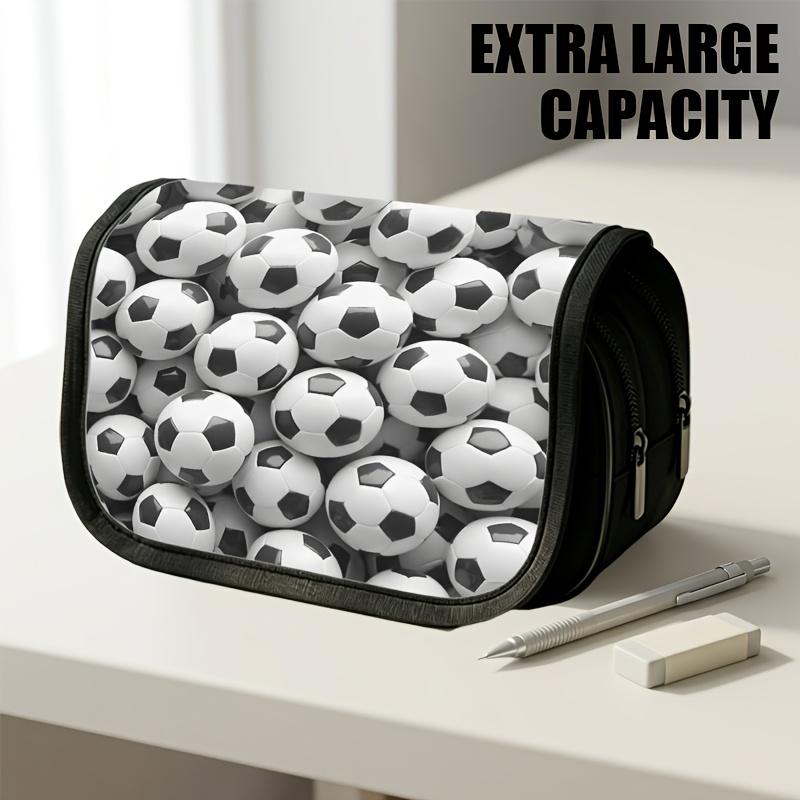 1pc Double Layer Flip Pencil Case, Soccer Ball Abundance, Large Capacity, Portable Polyester Pen Storage Bag with Zipper Closure, Ideal for School & O
