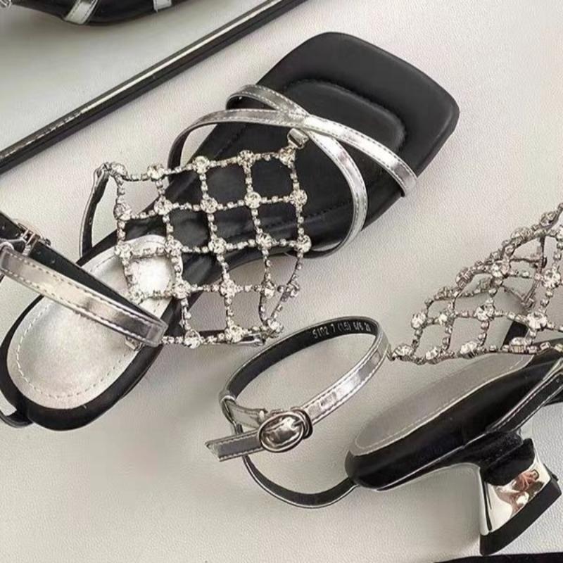 Fashion Temperament High Heels Women Summer Square Toe Open Toe Rhinestone Metal Mesh Strap Alien Heel Roman Sandals