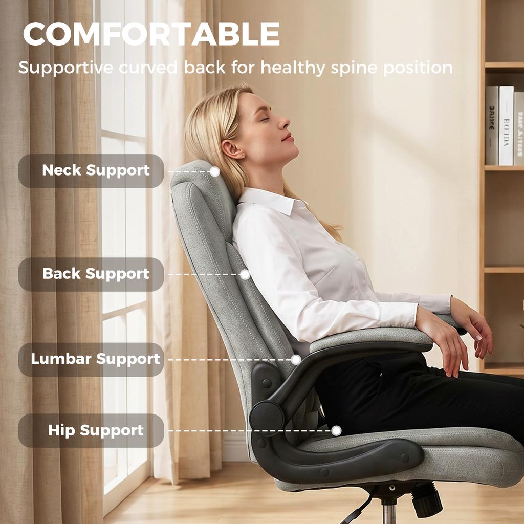 Linen Look Computer Desk Chair Executive Office Chair With Flip Up Armrests And Thick Cushion Grey