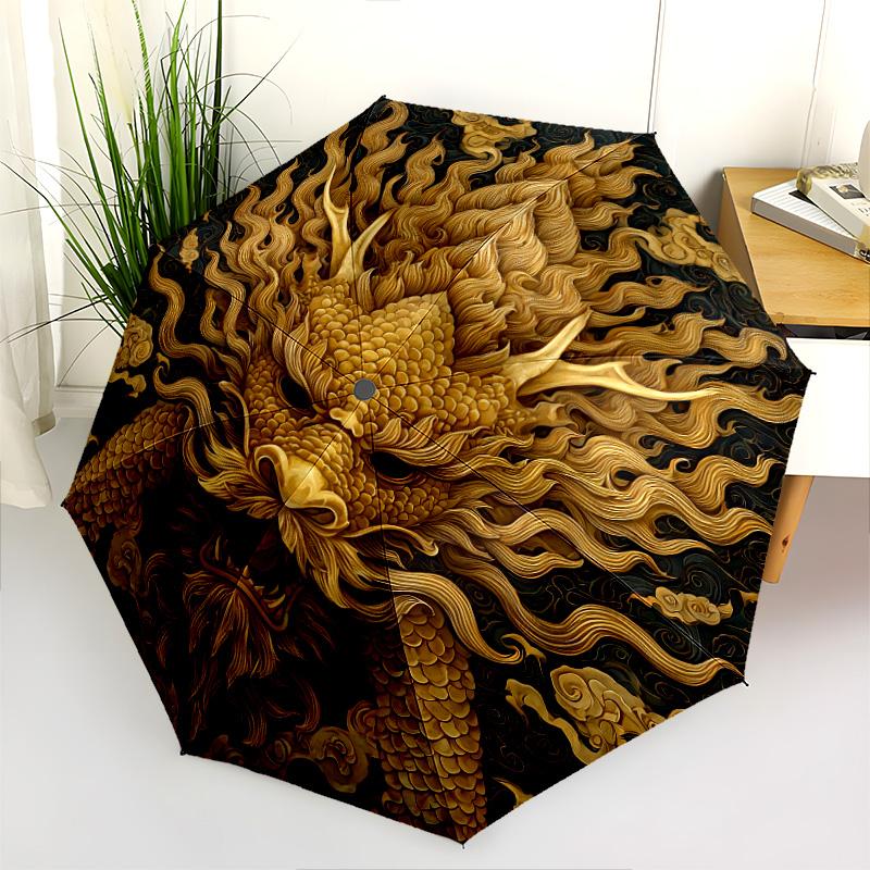 Golden Dragon  Pattern, Automatic Folding Umbrella, Portable and Foldable Design, 8 Ribs, a Christmas or Birthday Gift.