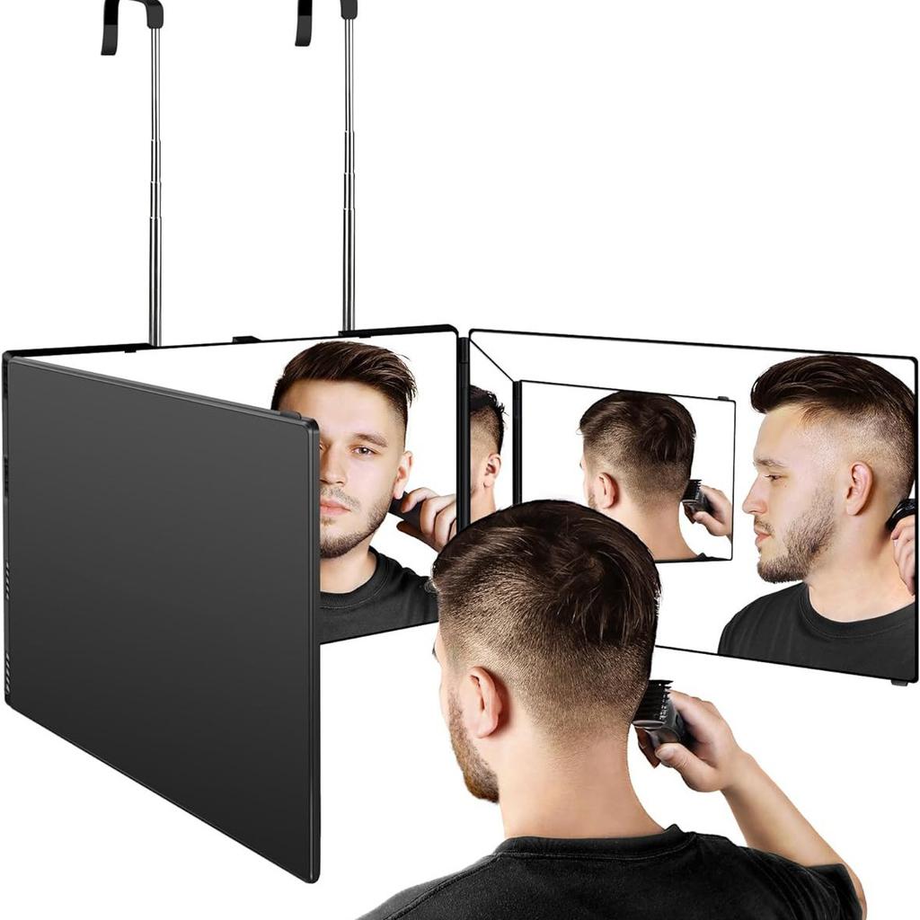 Specchio per Capelli e Trucco Pieghevole Telescopico Regolabile su Tre Lati Specchio a 360 Specchio Portatile da Viaggio per Auto-Taglio con Gancio 1X Plastica