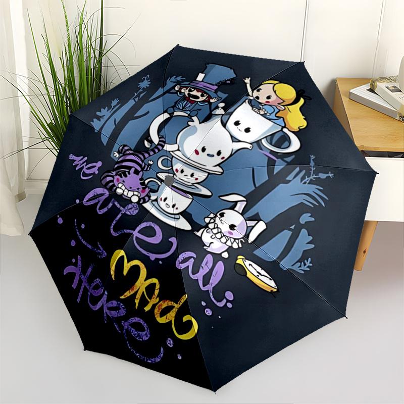 

1pc Alice in Wonderland Mad Hatter Tea Party Automatic Opening/Closing Umbrella with Portable Tri-Fold Design, 8-Bone Iron Frame Outdoor Umb