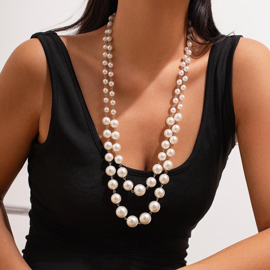 Stacked beaded heart-shaped full diamond French necklace temperament multi-layer rice-shaped imitation pearl necklace women's European 