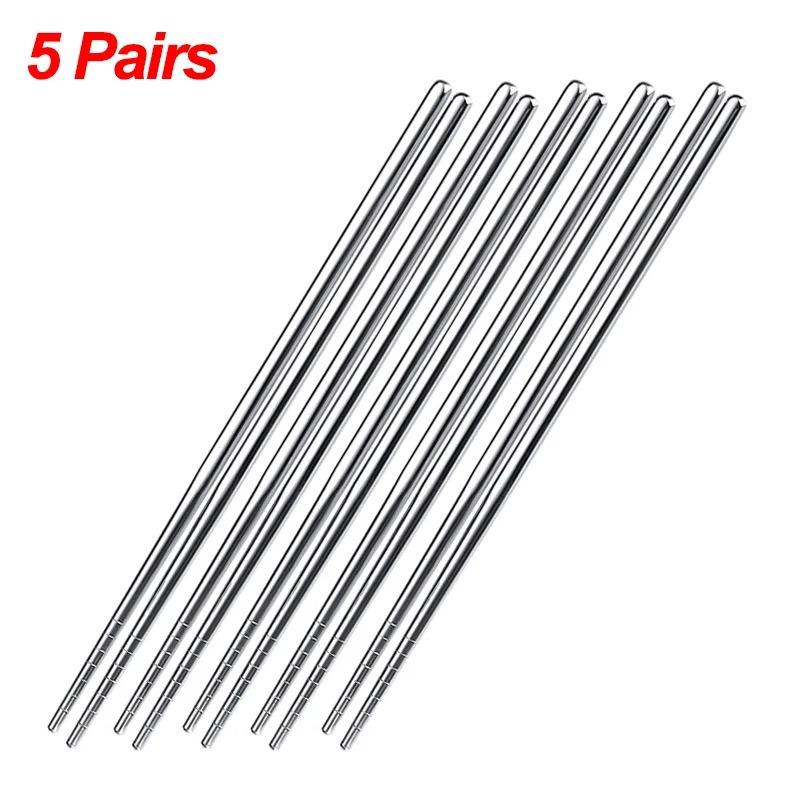 5 Pairs Chinese Chopsticks Stainless Steel Non-slip Sushi Chopstick Korean Japanese Food Metal Sticks Kitchen Tableware Set