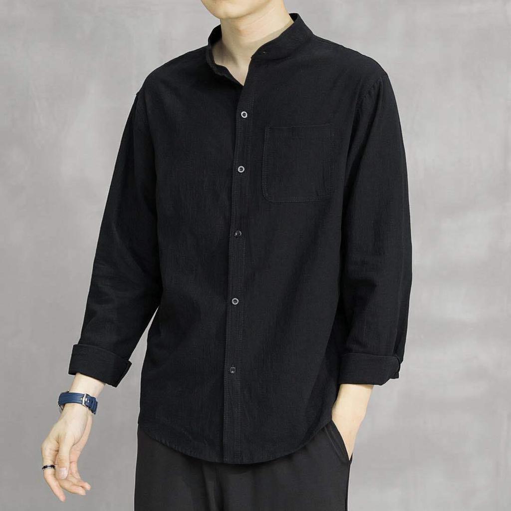 New Cotton Linen White Shirt Men's Casual Loose Korean Version of The Trend Long-sleeved Shirt Black Coat