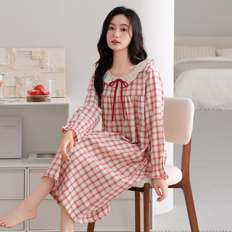 

Pajamas Women S Pure Cotton Spring And Autumn Woven Cotton Gauze Thin Long-Sleeved Pajamas Skirt Cotton Loungewear 3XL