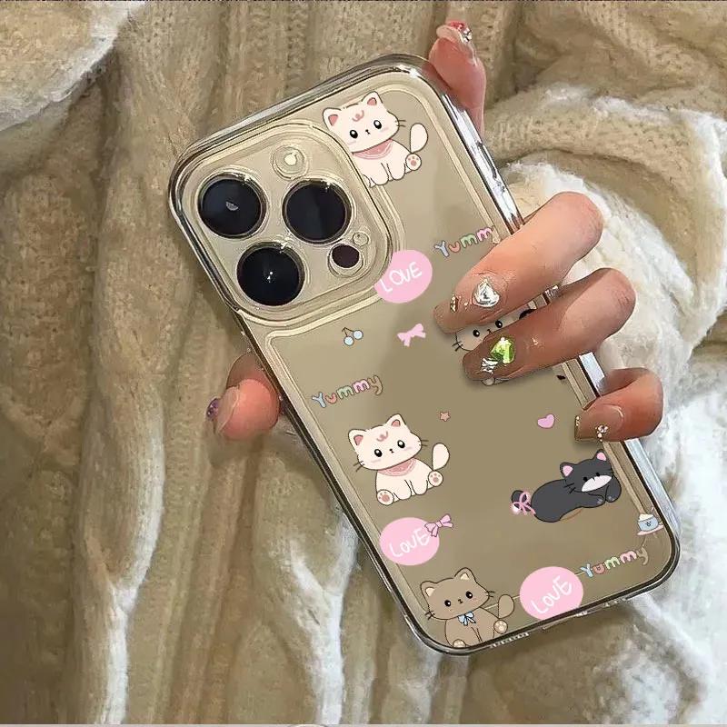 Cute Cartoon Cat Clear Phone Case, Kawaii Kitten Doodle Transparent Protective Cover for iPhone