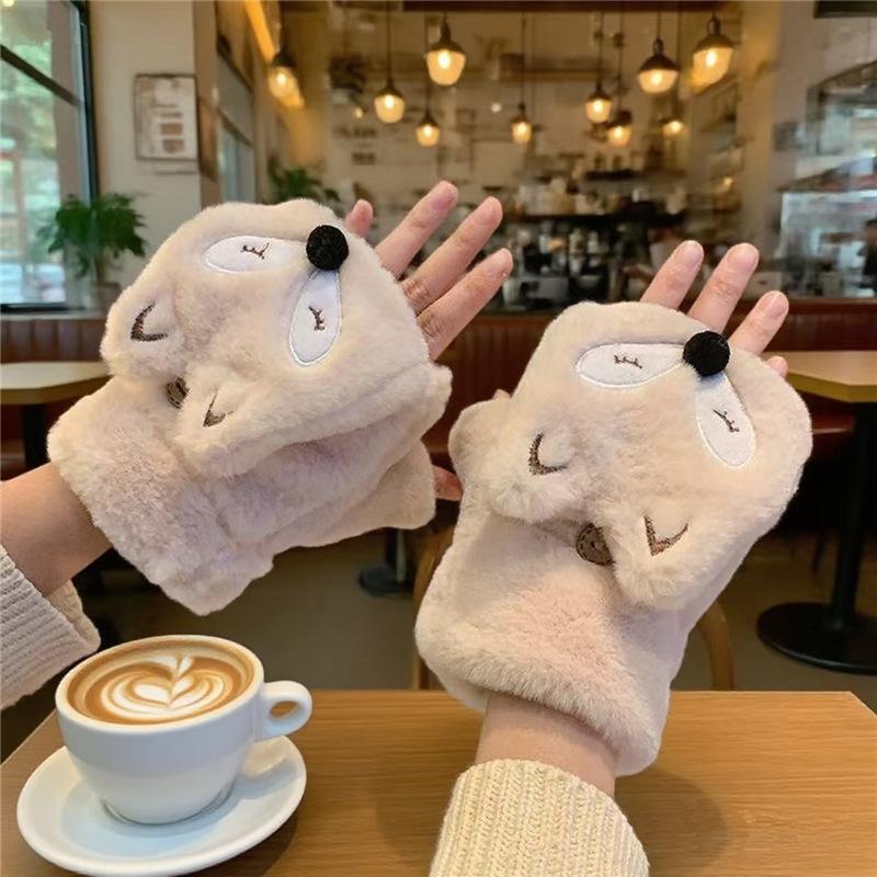 Cute Cartoon Bear and Cat Paw Plush Gloves for Girls - Warm, Thick Winter Riding Gloves with Neck Strap.