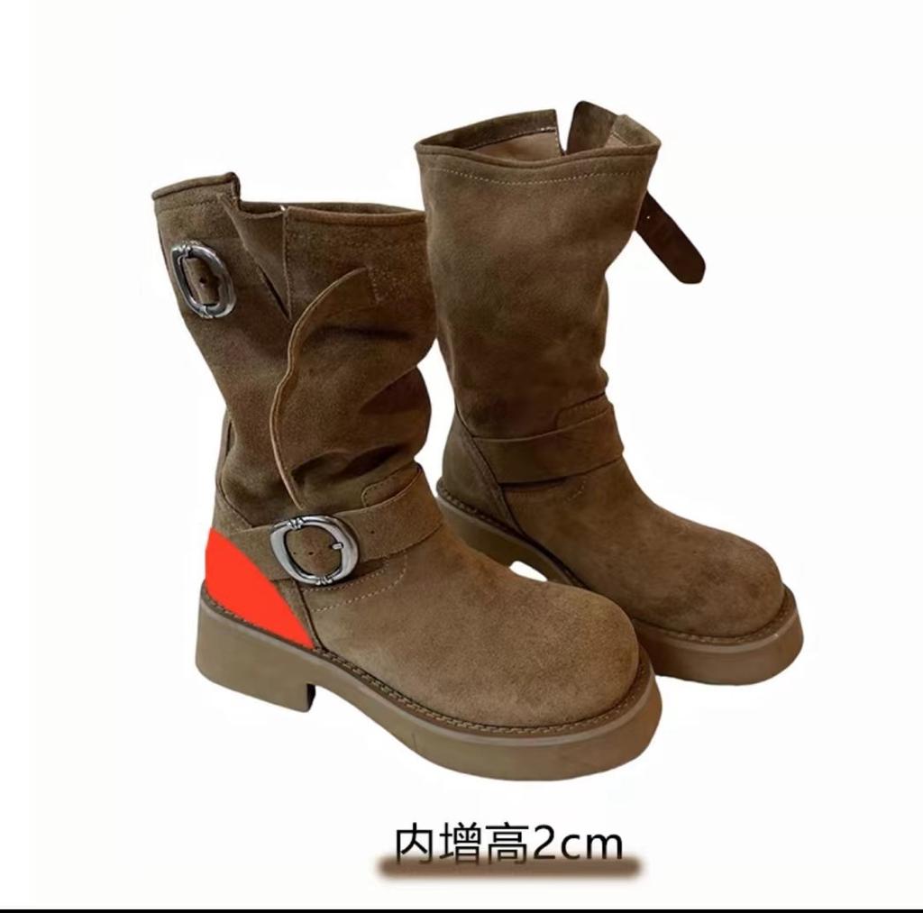 2025 New Belt Buckle Thick Heel Short Boots Platform Martin Boots Women's Knight Boots Medium Boots Western Cowboy Boots