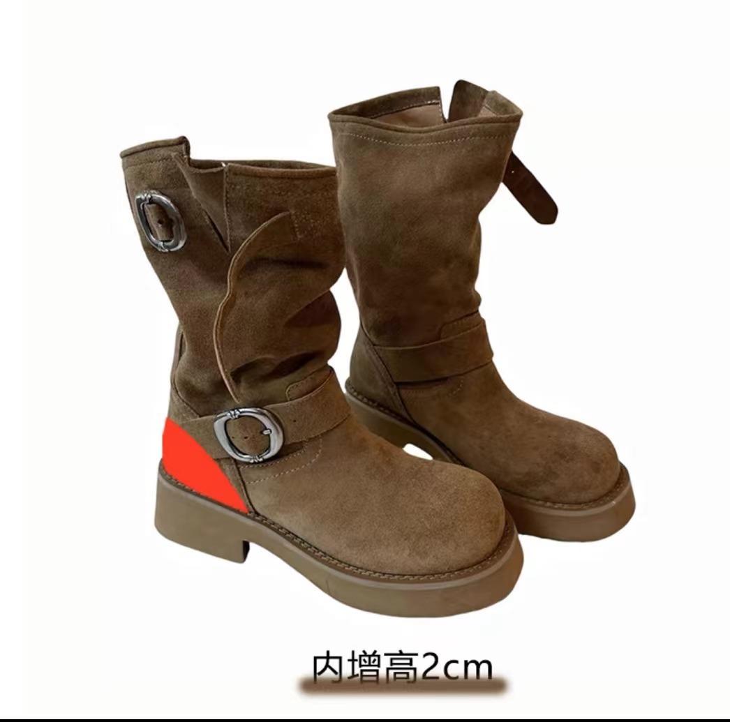 

2025 new belt buckle thick heel short boots platform Martin boots women s knight boots medium boots western cowboy boots 40
