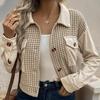 Women's Fall and Winter Short Section Corduroy Splicing Tops Plaid Brushed Cardigan Jacket
