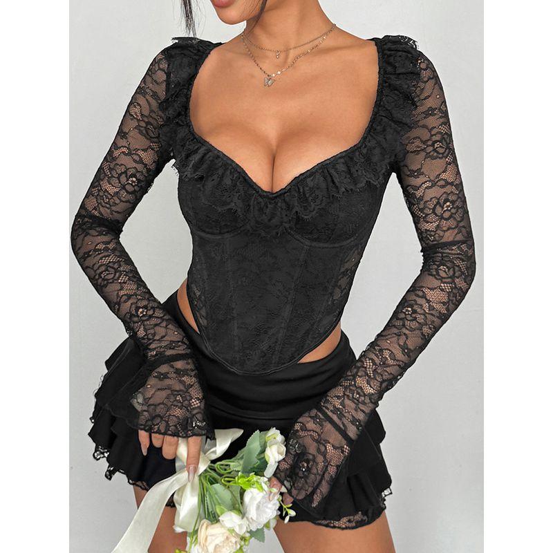 Sexy Lace Long-Sleeved Halter Top Fashion Sexy Lace Lace Long Sleeve Spaghetti-Strap Female