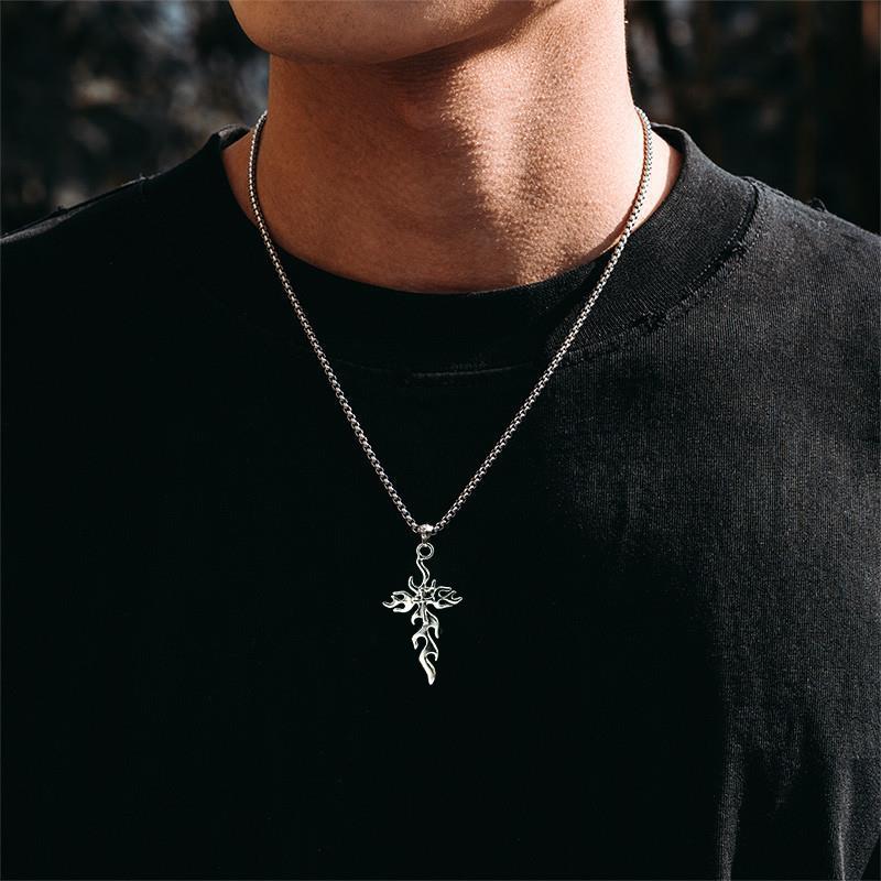 Fashionable Retro Flame Cross Pendant Necklace Neutral Hip-hop Punk Personalized Sweater Chain Daily Jewelry Gift