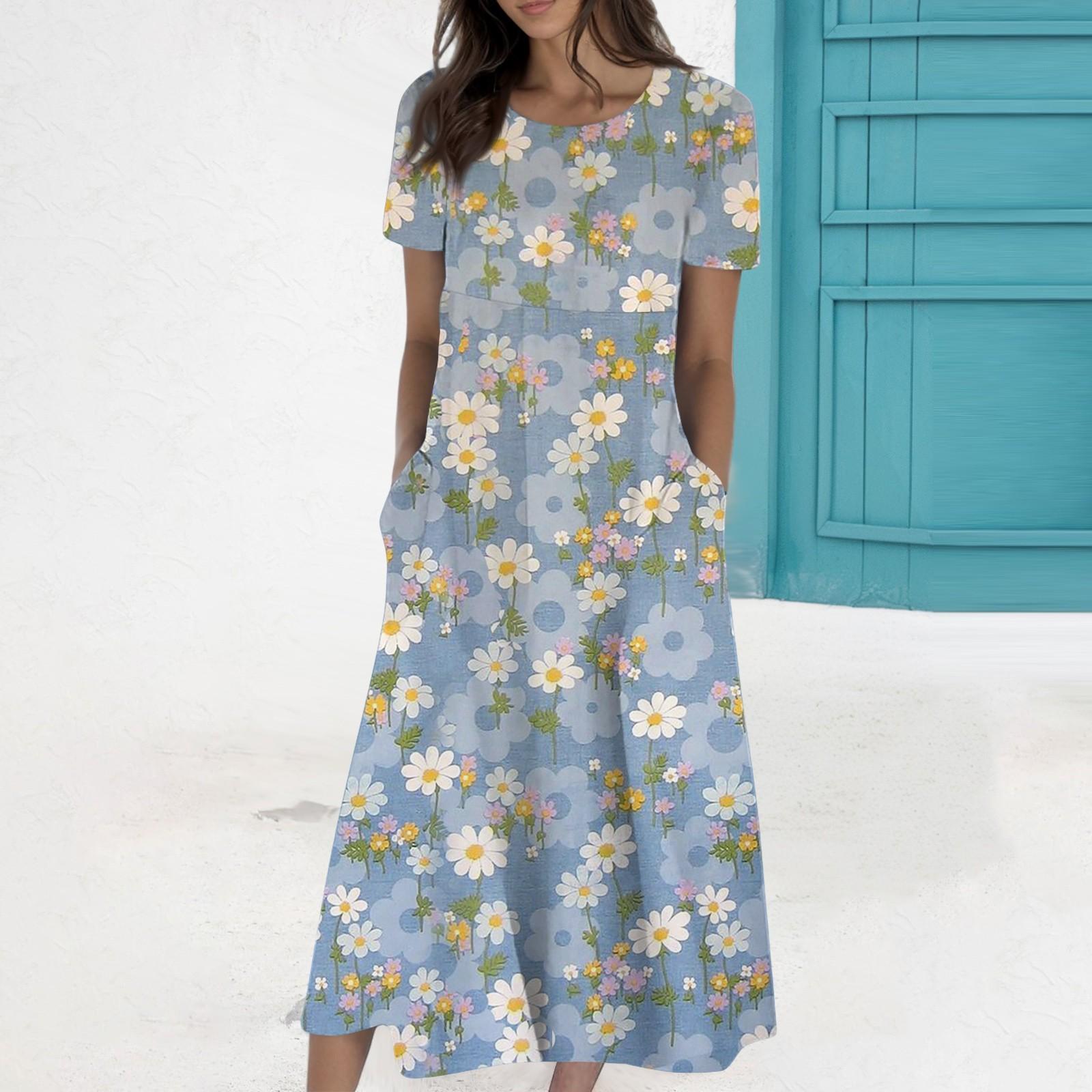 

Жіноча літня повсякденна модна сукня з принтом і кишенями з коротким рукавом і круглим вирізом XXL