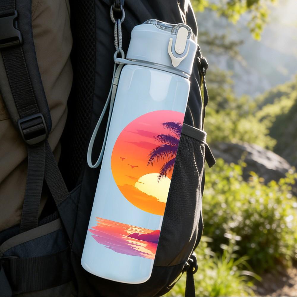 1PC Sunset Palm Beach Scene 750ml Color Plastic Sports Water Bottle Leakproof Flip Straw Lid Suitable for Sports Office Home Use