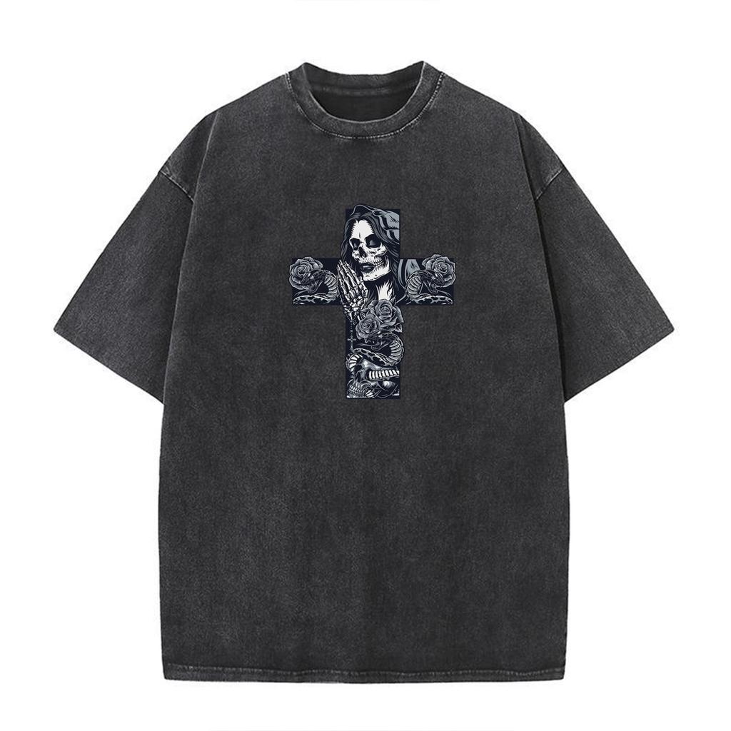 Gothic Short Sleeve T-Shirt,Cross Skeleton Snake Rose Print Washed Oversized Tee