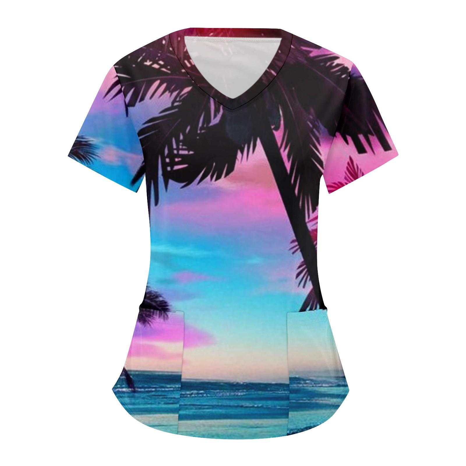 

Женская мода с v-образным вырезом, короткими рукавами и карманами, топы с принтом XL