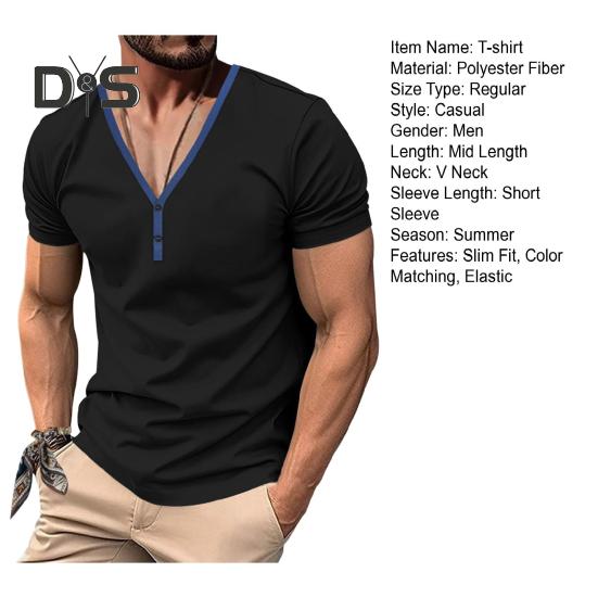 Herren Sommer T-Shirt Kurzarm Geknöpft V-Ausschnitt Kontrastfarbe Slim Fit Lässiger Pullover Mittellanges Oberteil für Outdoor-Sport