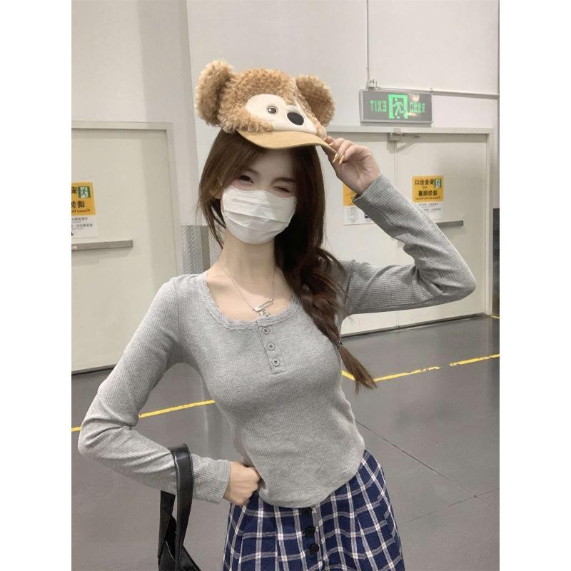 Spring New Chic Collar Button Lace Splicing Skinny Long Sleeve Shirt Women's Small Sweet and Spicy Short Top