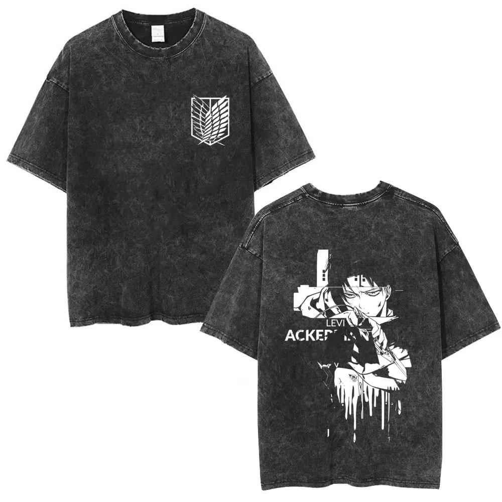 Washed Vintage Anime Attack on Titan Levi Ackerman Graphic T-shirt Men Women Manga Oversized T Shirt Male Casual Cotton T-shirts S разноцветный