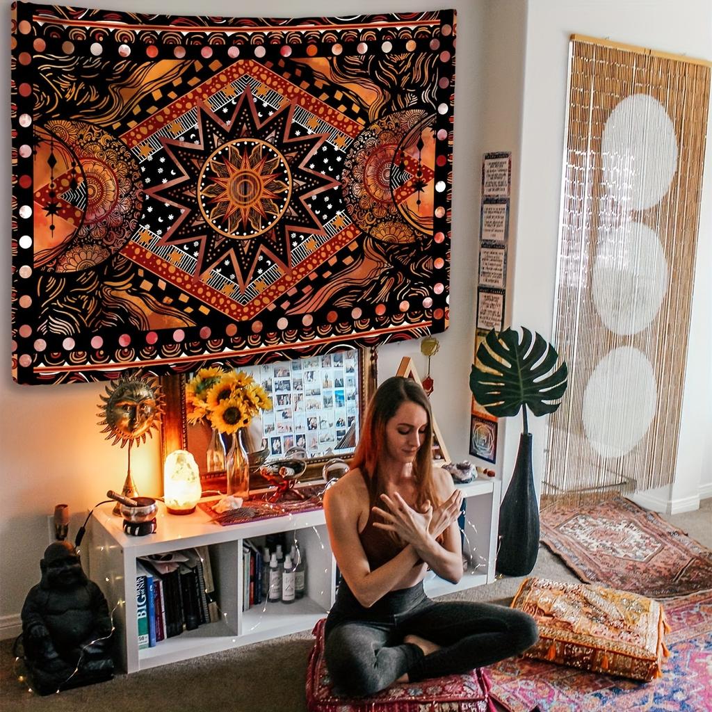 Pomarańczowa Hippie Mandala Gobelin Słońce i Księżyc: Fajna Estetyczna Dekoracja Ścienna – Idealna do Sypialni, Salonu, Akademika i Wystroju Domu