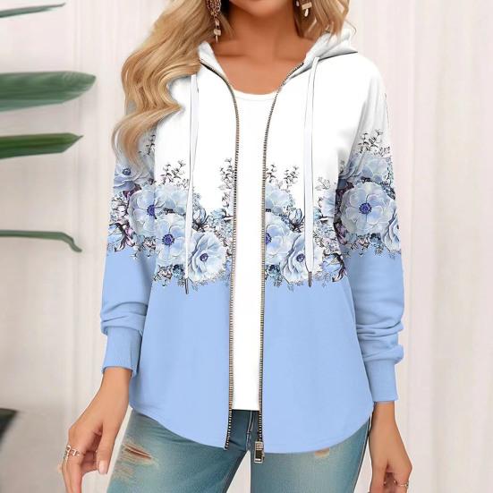 Women Autumn Winter Hooded Coat Flower Print Zipper Closure Long Sleeve Thick Warm Drawstring Color Matching Loose Soft Elastic Cuff Lady Jacket