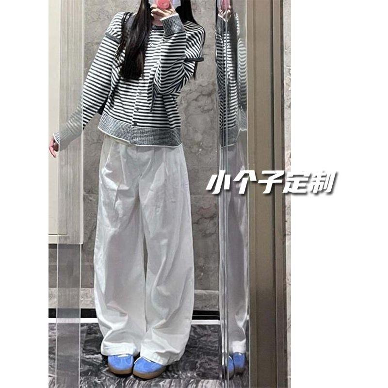 145 Small Hong Kong Style White High-Waist Straight-leg Mop Wide Leg Pants Female Pear-Shaped Figure Flab Hiding Draped Pants