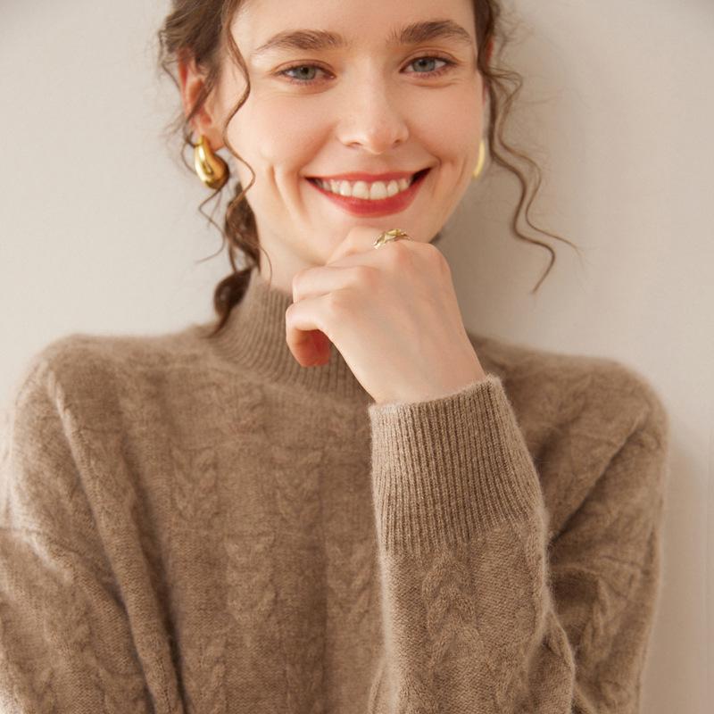 2024 Autumn/Winter Cashmere Sweater: Ladies' Half-High Neck, Wheat Ear Jacquard, Korean-Style Loose Slimming Knitwear