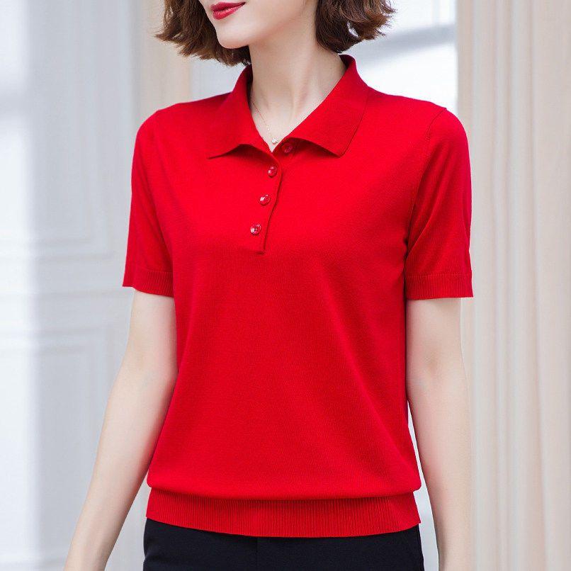 

Женская трикотажная рубашка Ice Silk, футболка с коротким рукавом, летняя новая коллекция, стильная свободная рубашка-поло с воротником 3XL красный