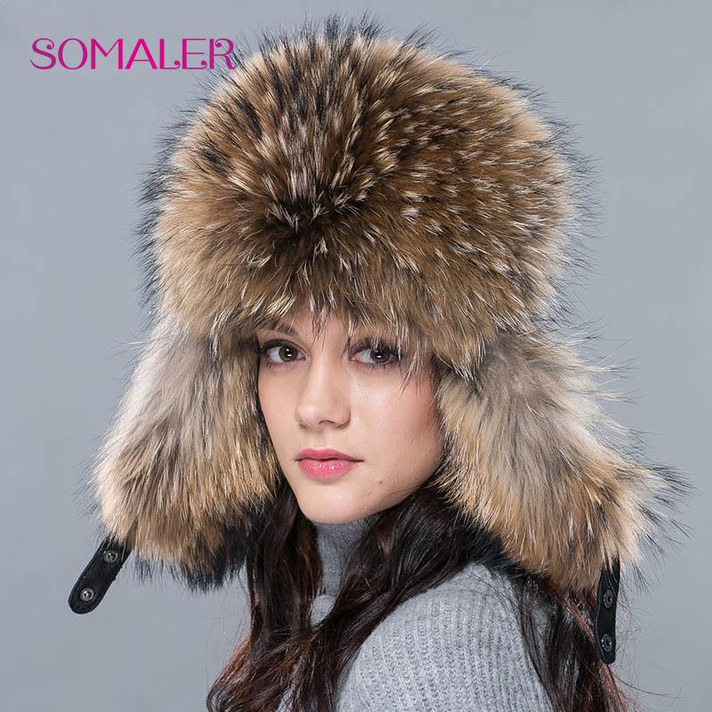 SOMALER New Hot Winter Fur Hat for Women Real Fox/raccoon Fur Ushanka with LeatherBomber Cap